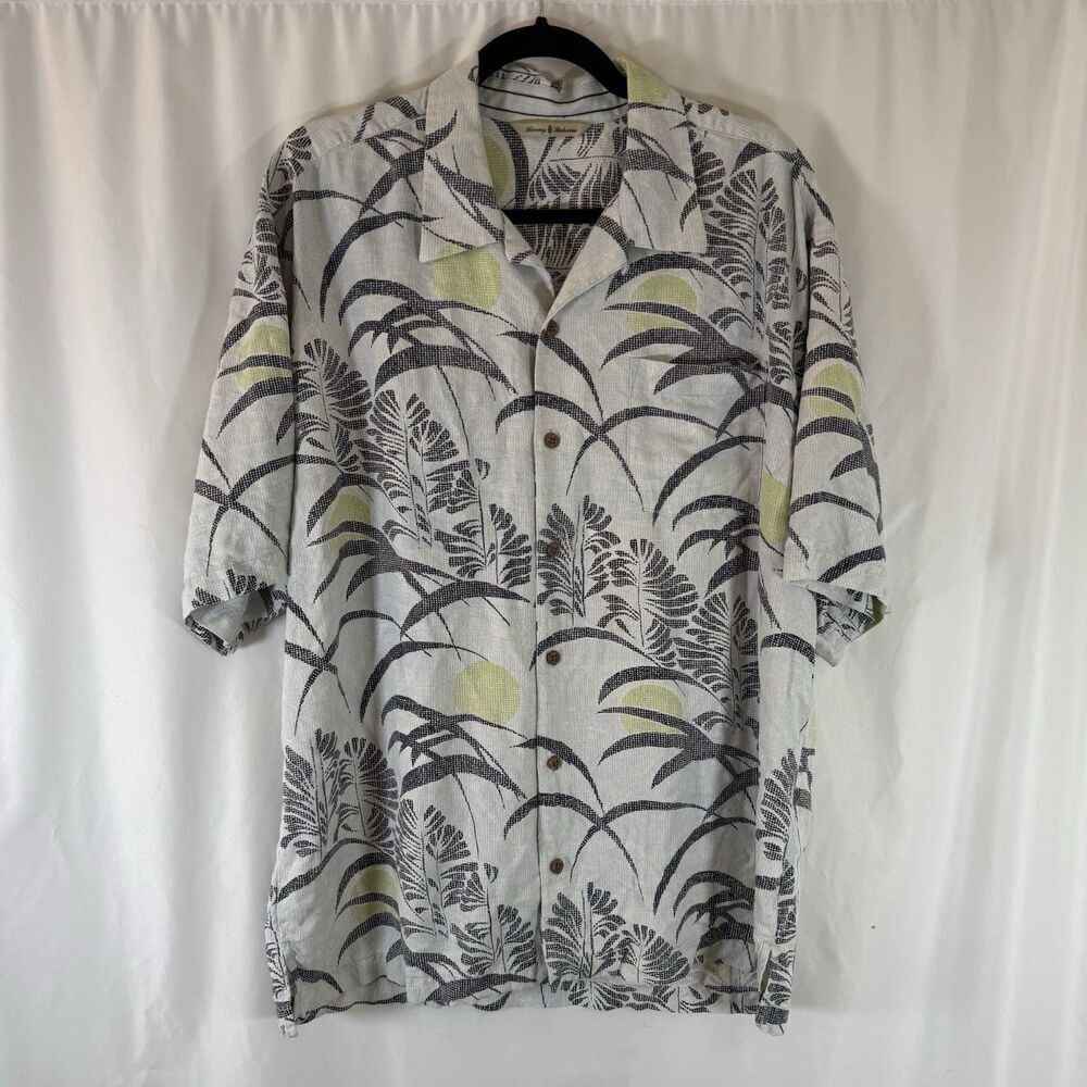 Tommy Bahama 100% Silk Button Down Shirt Men's XL Textured Palm Print Short Slv